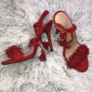 👠💋 Red Fringe Heels NEW lace up 8 1/2 FOREVER